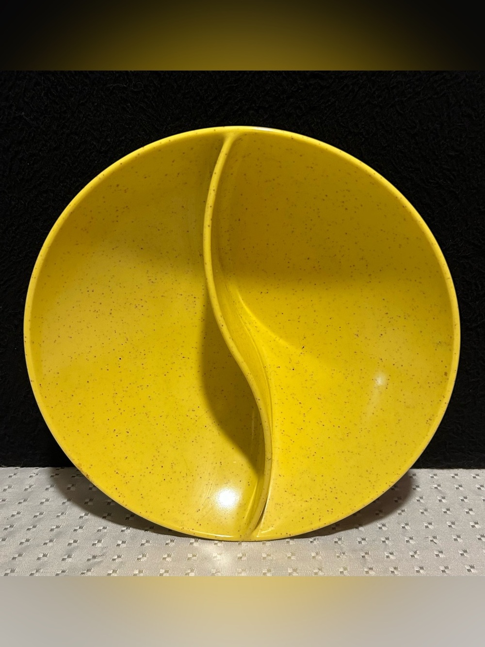 Vintage Serving Bowl Holiday Kenro Yellow Speckled Melamine Divided 9 Inch